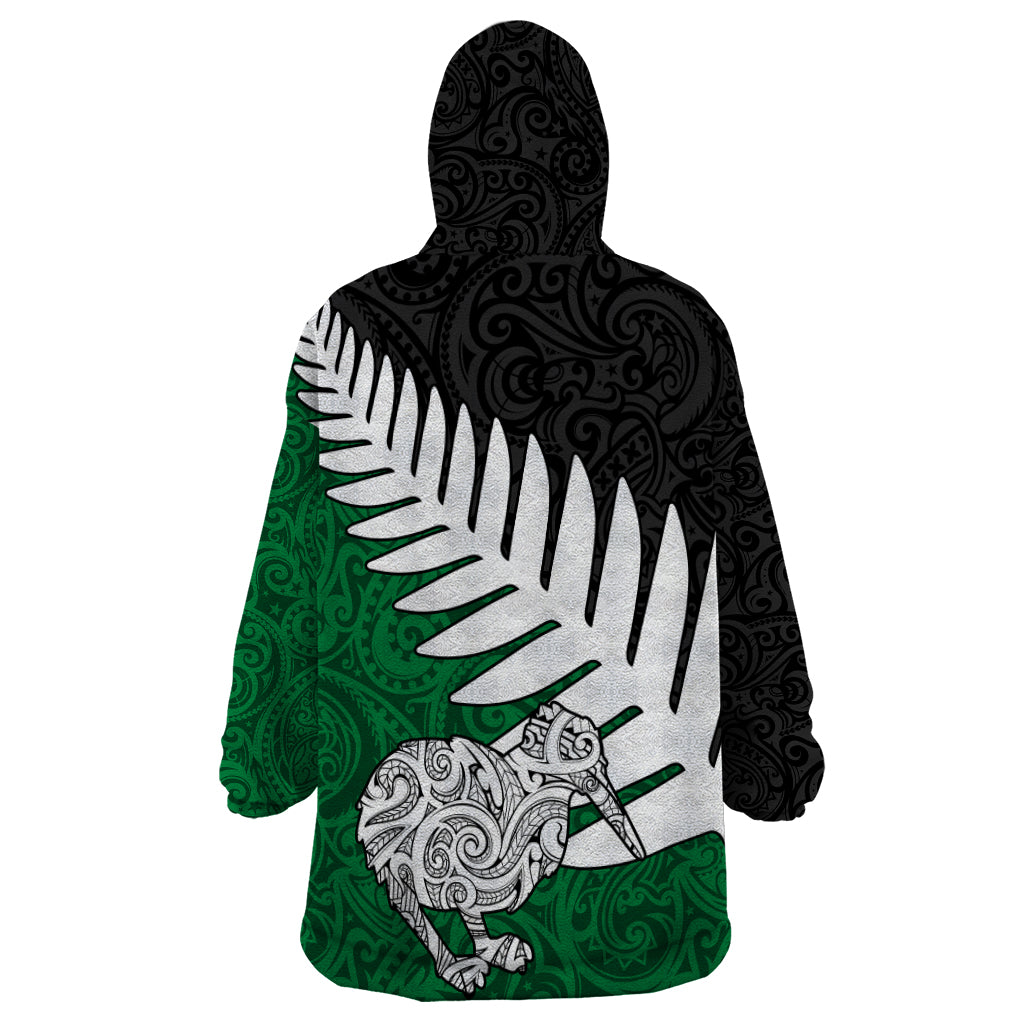 Aotearoa New Zealand Wearable Blanket Hoodie Silver Fern Kiwi Bird and NZ Map with Maori Tribal Green Style LT03 - Polynesian Pride