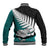 Aotearoa New Zealand Baseball Jacket Silver Fern Kiwi Bird and NZ Map with Maori Tribal Turquoise Style LT03 - Polynesian Pride