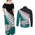 Aotearoa New Zealand Couples Matching Off Shoulder Maxi Dress and Long Sleeve Button Shirts Silver Fern Kiwi Bird and NZ Map with Maori Tribal Turquoise Style LT03 - Polynesian Pride