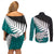 Aotearoa New Zealand Couples Matching Off Shoulder Short Dress and Long Sleeve Button Shirts Silver Fern Kiwi Bird and NZ Map with Maori Tribal Turquoise Style LT03 - Polynesian Pride