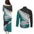 Aotearoa New Zealand Couples Matching Puletasi Dress and Long Sleeve Button Shirts Silver Fern Kiwi Bird and NZ Map with Maori Tribal Turquoise Style LT03 - Polynesian Pride