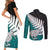 Aotearoa New Zealand Couples Matching Short Sleeve Bodycon Dress and Long Sleeve Button Shirts Silver Fern Kiwi Bird and NZ Map with Maori Tribal Turquoise Style LT03 - Polynesian Pride