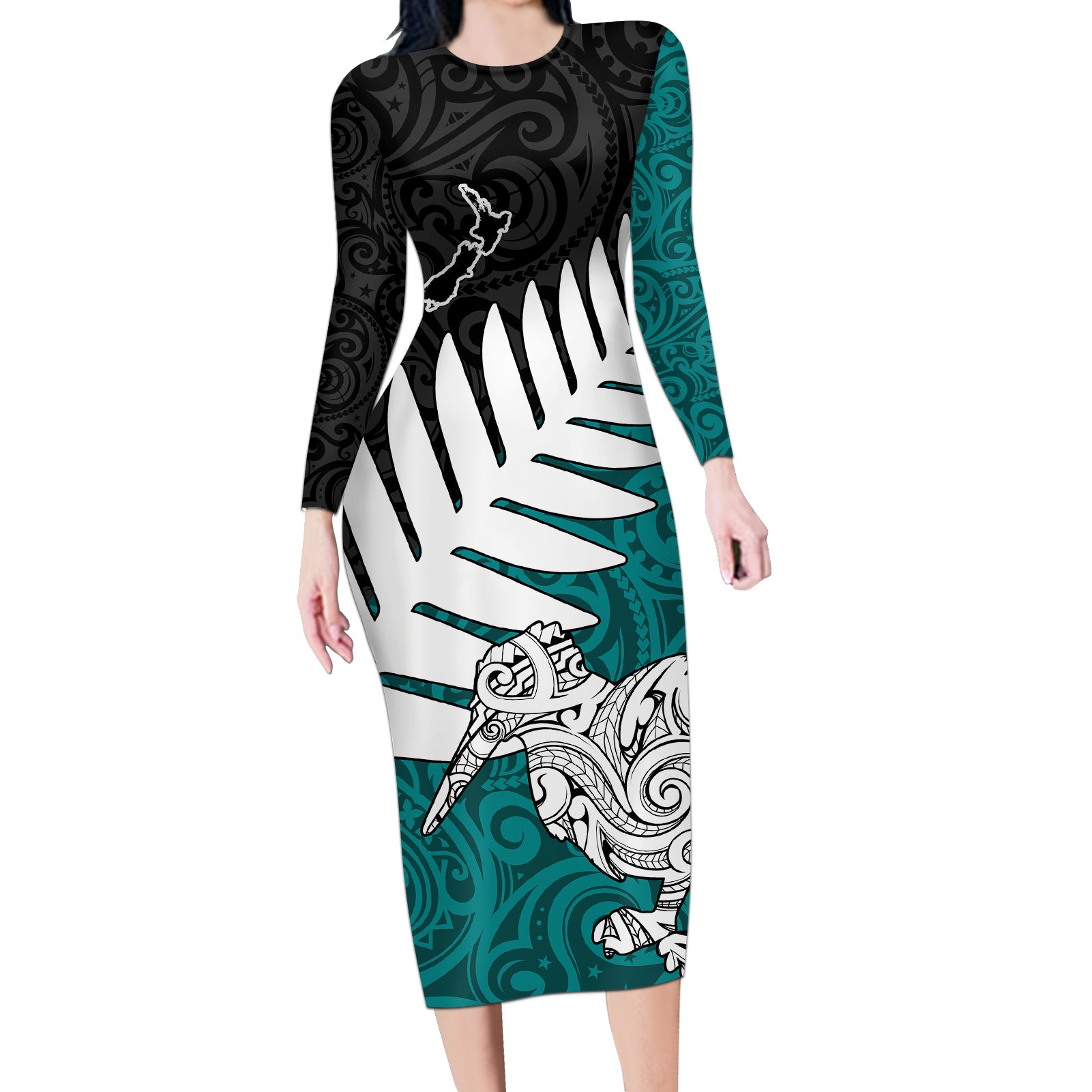 Aotearoa New Zealand Long Sleeve Bodycon Dress Silver Fern Kiwi Bird and NZ Map with Maori Tribal Turquoise Style LT03 Long Dress Turquoise - Polynesian Pride