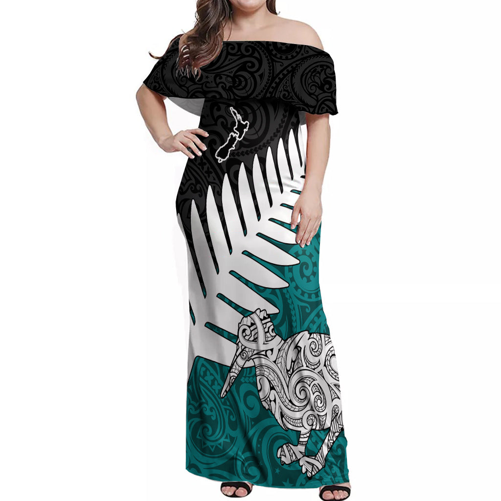 Aotearoa New Zealand Off Shoulder Maxi Dress Silver Fern Kiwi Bird and NZ Map with Maori Tribal Turquoise Style LT03 Women Turquoise - Polynesian Pride