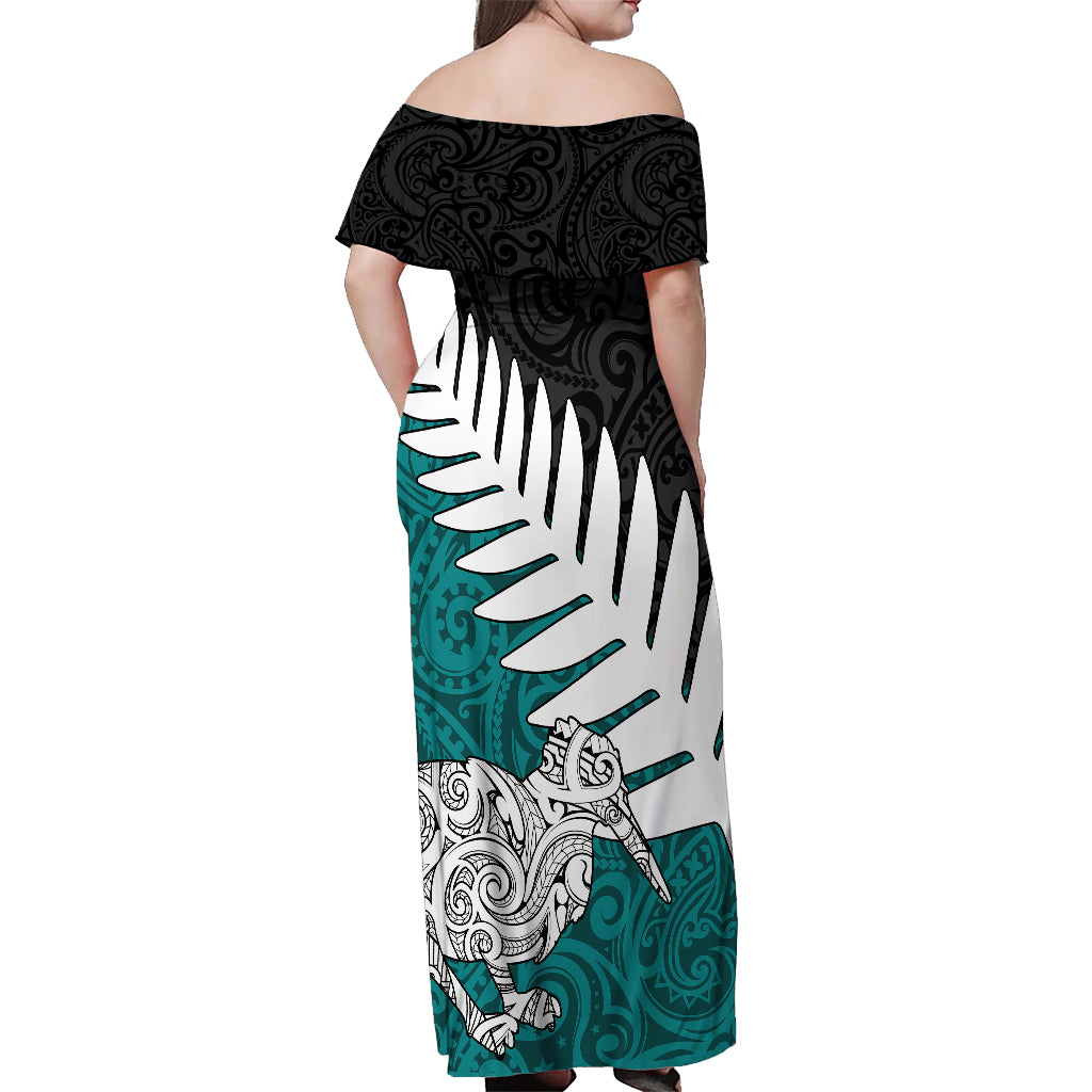 Aotearoa New Zealand Off Shoulder Maxi Dress Silver Fern Kiwi Bird and NZ Map with Maori Tribal Turquoise Style LT03 - Polynesian Pride