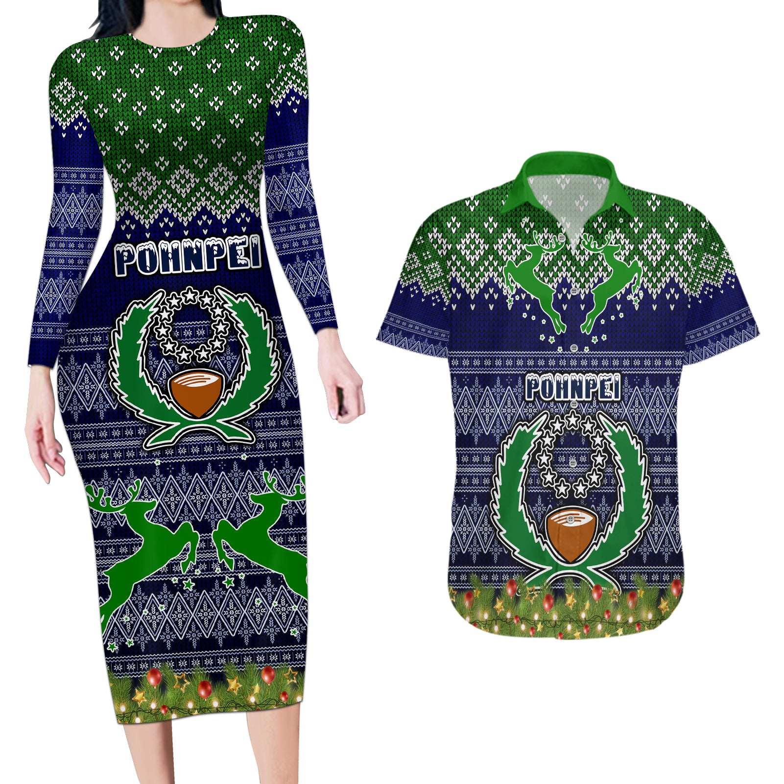 pohnpei-state-christmas-couples-matching-long-sleeve-bodycon-dress-and-hawaiian-shirt-coat-of-arms-beautiful-merry-xmas-snowflake