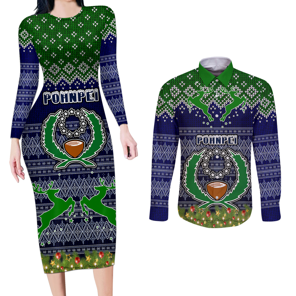 pohnpei-state-christmas-couples-matching-long-sleeve-bodycon-dress-and-long-sleeve-button-shirts-coat-of-arms-beautiful-merry-xmas-snowflake