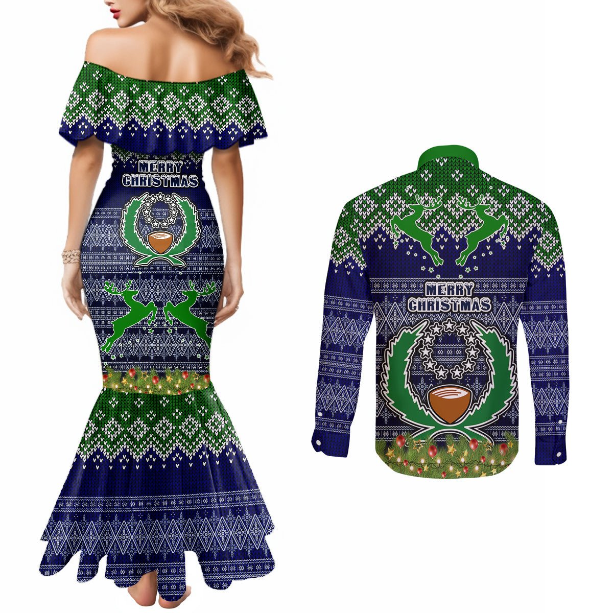 pohnpei-state-christmas-couples-matching-mermaid-dress-and-long-sleeve-button-shirts-coat-of-arms-beautiful-merry-xmas-snowflake