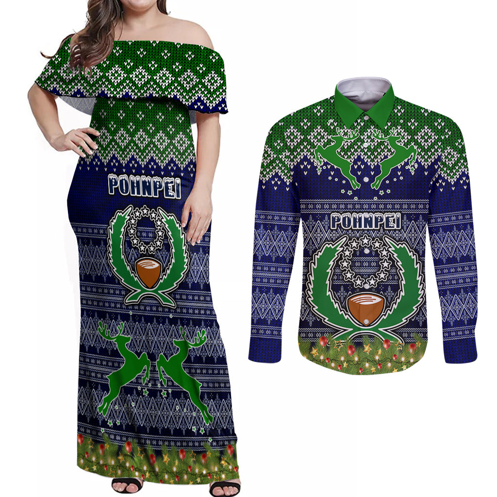 pohnpei-state-christmas-couples-matching-off-shoulder-maxi-dress-and-long-sleeve-button-shirts-coat-of-arms-beautiful-merry-xmas-snowflake