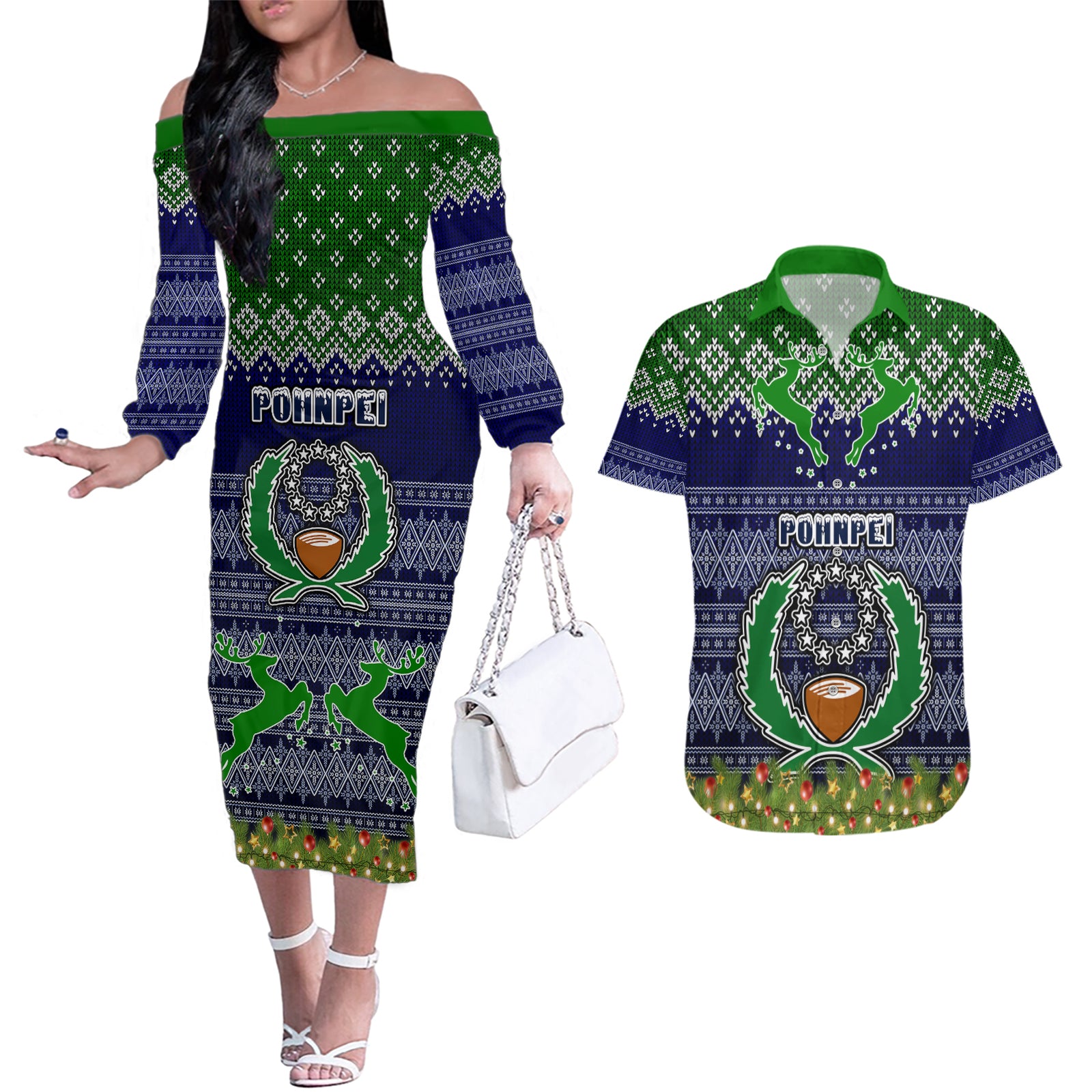 pohnpei-state-christmas-couples-matching-off-the-shoulder-long-sleeve-dress-and-hawaiian-shirt-coat-of-arms-beautiful-merry-xmas-snowflake