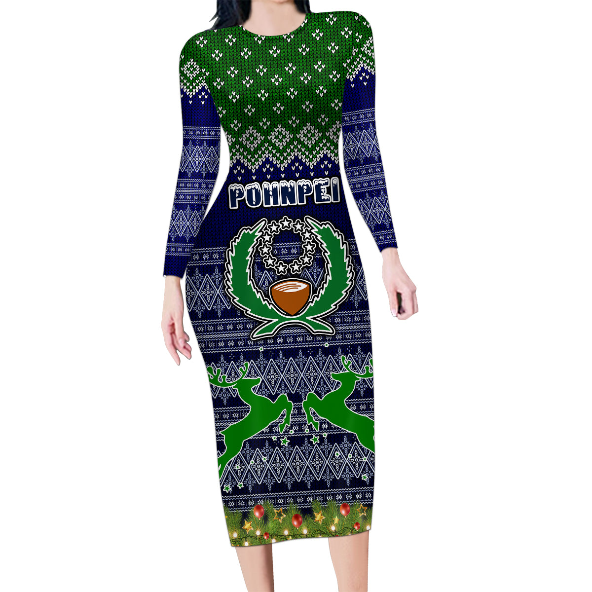 Pohnpei State Christmas Family Matching Long Sleeve Bodycon Dress and Hawaiian Shirt Coat of Arms Beautiful Merry Xmas Snowflake LT03 Mom's Dress Blue - Polynesian Pride