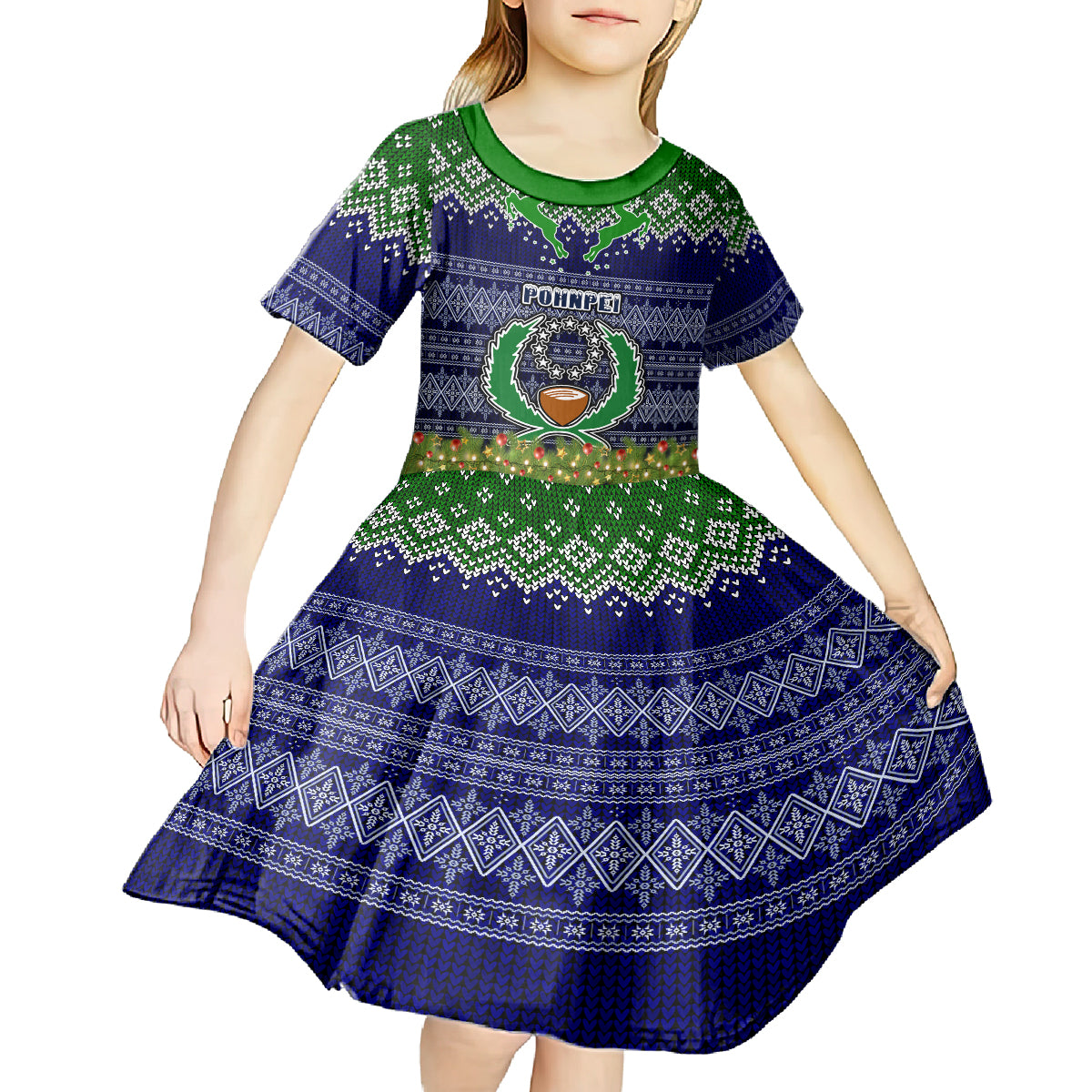 pohnpei-state-christmas-kid-short-sleeve-dress-coat-of-arms-beautiful-merry-xmas-snowflake