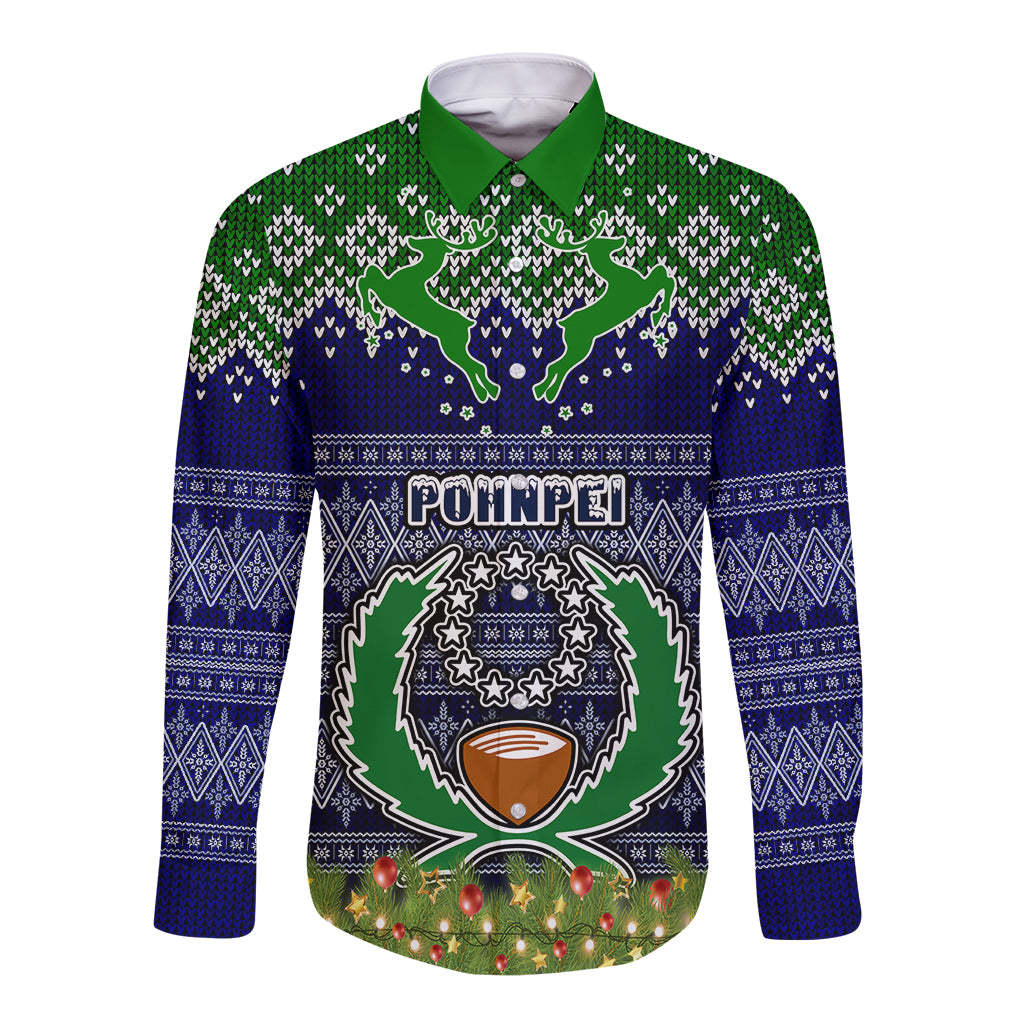 pohnpei-state-christmas-long-sleeve-button-shirt-coat-of-arms-beautiful-merry-xmas-snowflake