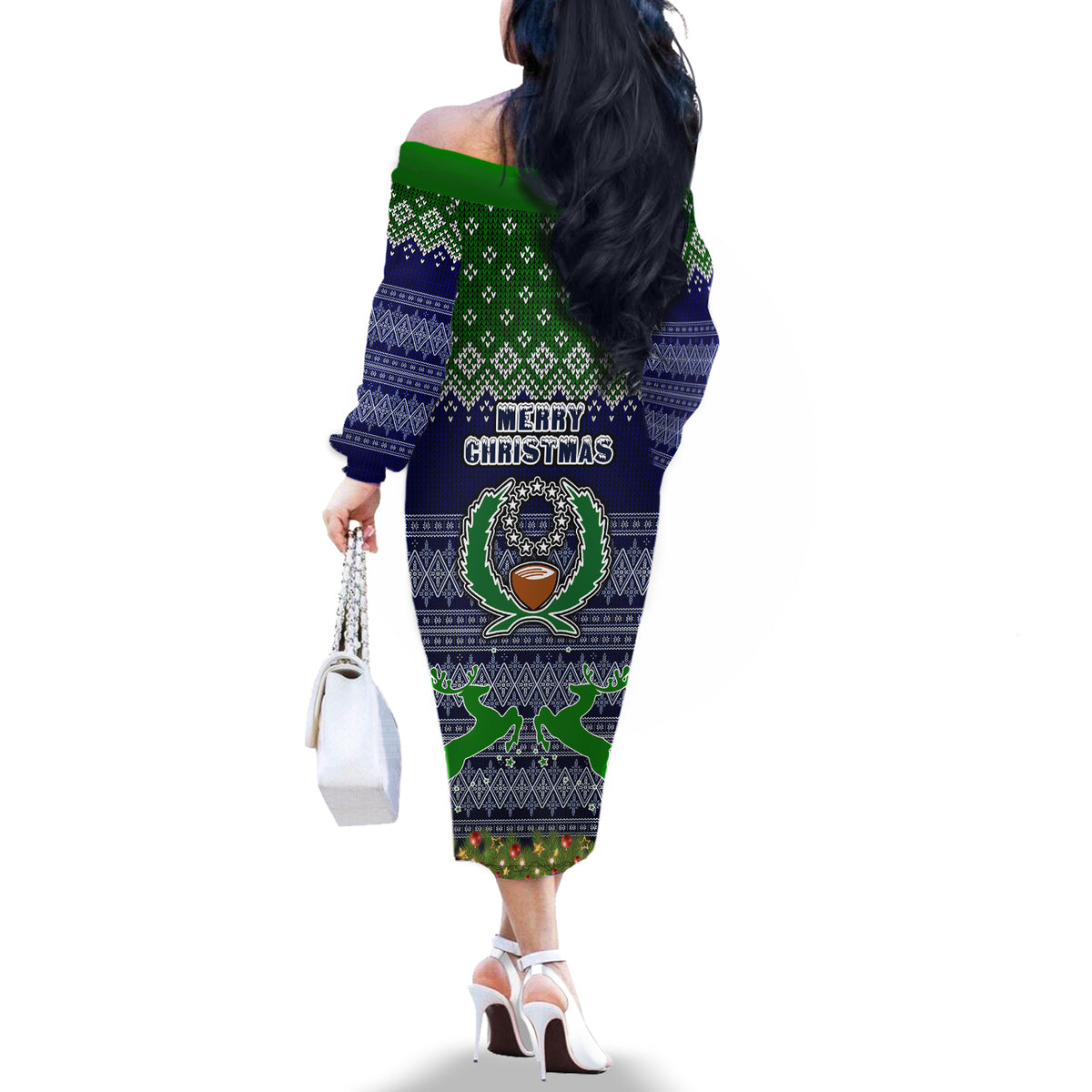 pohnpei-state-christmas-off-the-shoulder-long-sleeve-dress-coat-of-arms-beautiful-merry-xmas-snowflake