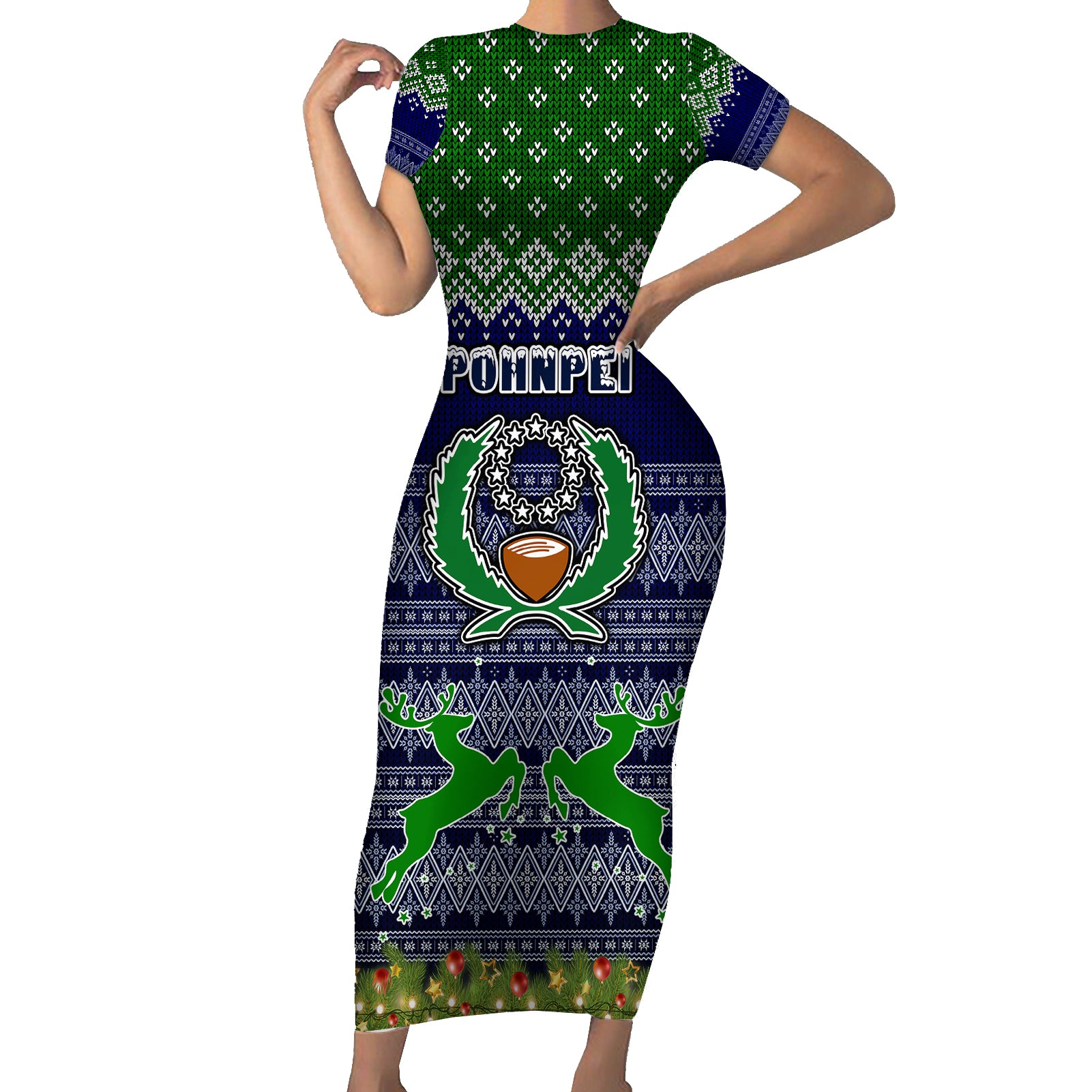 pohnpei-state-christmas-short-sleeve-bodycon-dress-coat-of-arms-beautiful-merry-xmas-snowflake