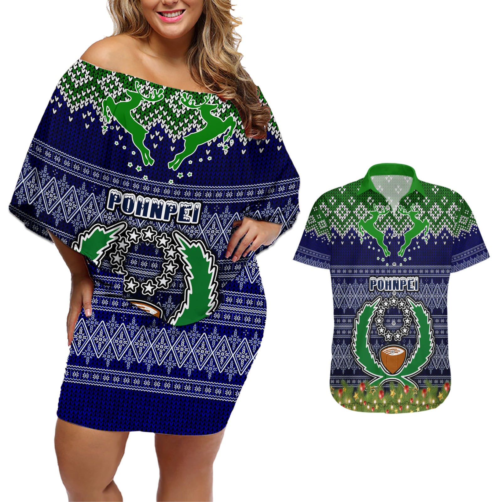 personalised-pohnpei-state-christmas-couples-matching-off-shoulder-short-dress-and-hawaiian-shirt-coat-of-arms-beautiful-merry-xmas-snowflake
