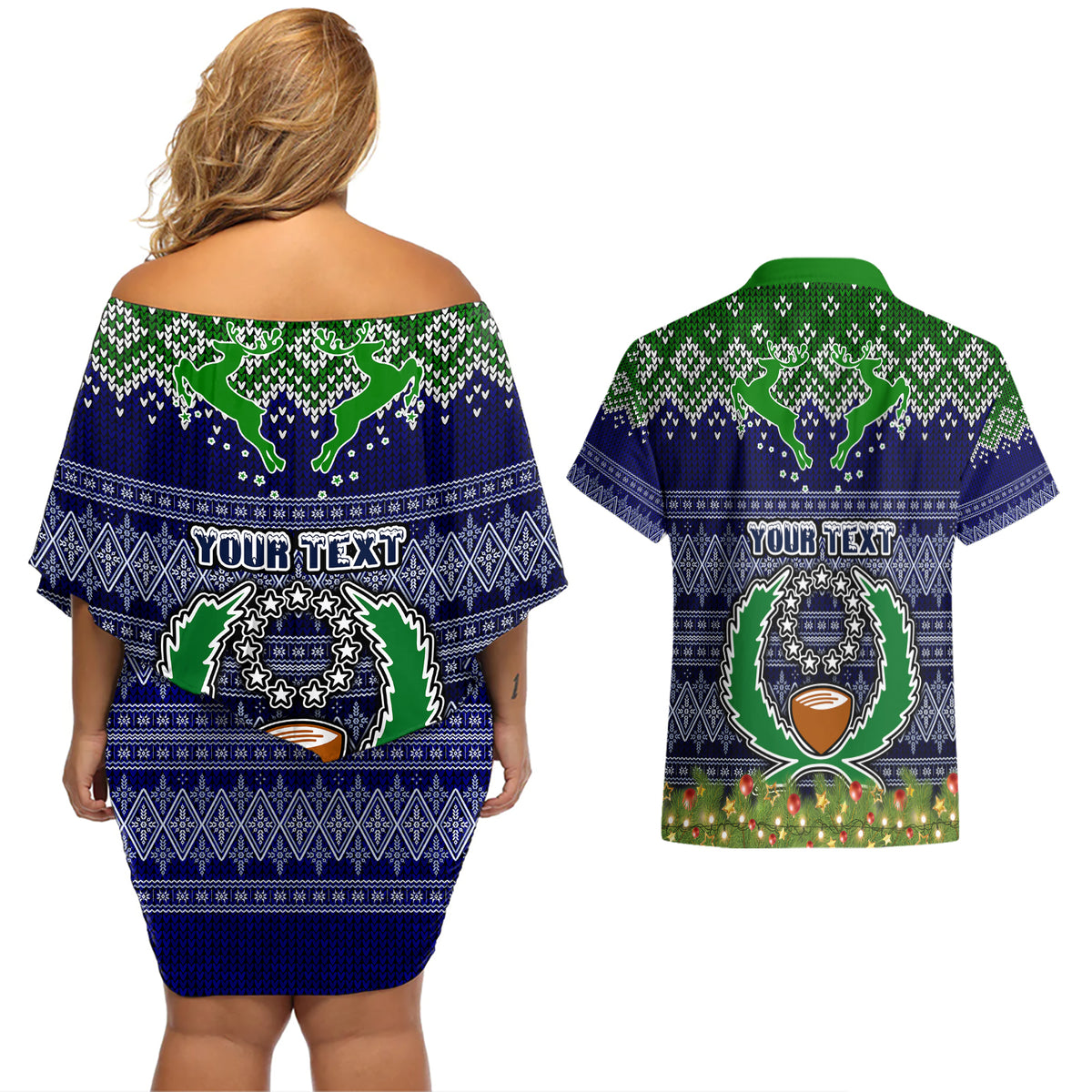personalised-pohnpei-state-christmas-couples-matching-off-shoulder-short-dress-and-hawaiian-shirt-coat-of-arms-beautiful-merry-xmas-snowflake