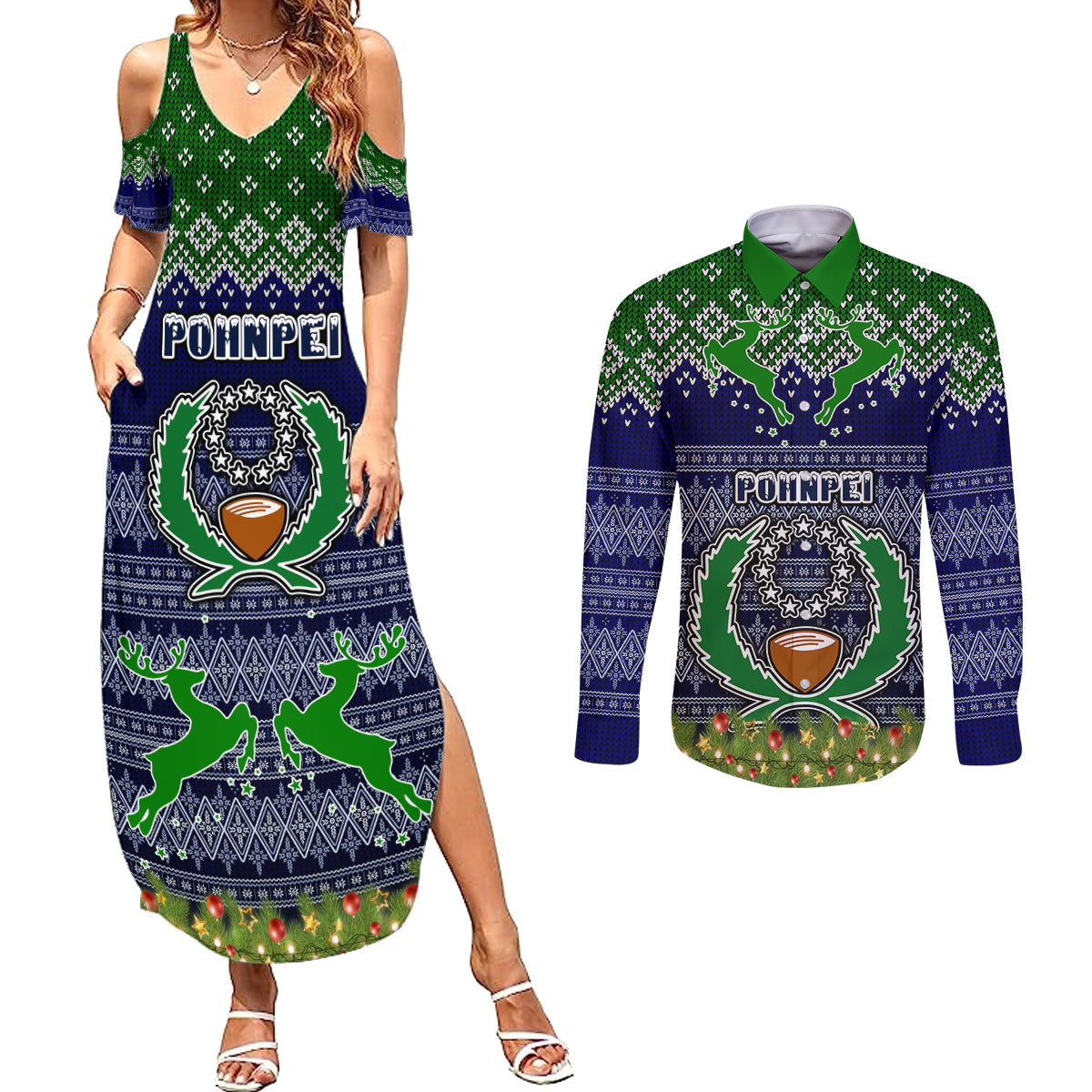 personalised-pohnpei-state-christmas-couples-matching-summer-maxi-dress-and-long-sleeve-button-shirts-coat-of-arms-beautiful-merry-xmas-snowflake