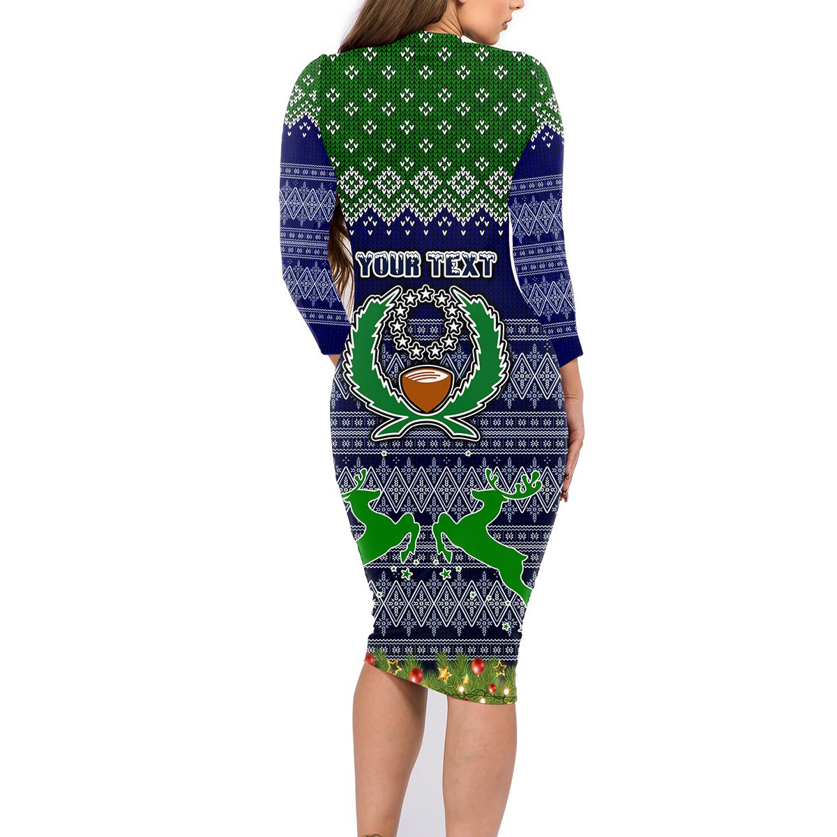 personalised-pohnpei-state-christmas-family-matching-long-sleeve-bodycon-dress-and-hawaiian-shirt-coat-of-arms-beautiful-merry-xmas-snowflake