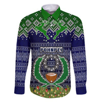Personalised Pohnpei State Christmas Family Matching Mermaid Dress and Hawaiian Shirt Coat of Arms Beautiful Merry Xmas Snowflake LT03 Dad's Shirt - Long Sleeve Blue - Polynesian Pride