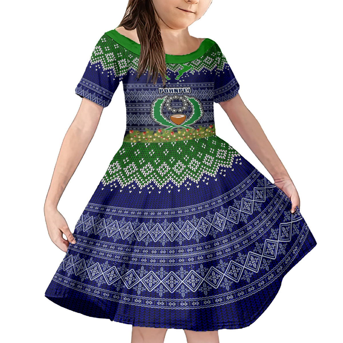 Personalised Pohnpei State Christmas Family Matching Off Shoulder Short Dress and Hawaiian Shirt Coat of Arms Beautiful Merry Xmas Snowflake LT03 Daughter's Dress Blue - Polynesian Pride