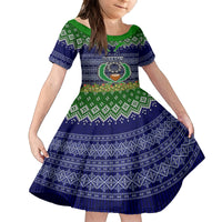 Personalised Pohnpei State Christmas Family Matching Off Shoulder Short Dress and Hawaiian Shirt Coat of Arms Beautiful Merry Xmas Snowflake LT03 Daughter's Dress Blue - Polynesian Pride