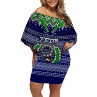 Personalised Pohnpei State Christmas Family Matching Off Shoulder Short Dress and Hawaiian Shirt Coat of Arms Beautiful Merry Xmas Snowflake LT03 Mom's Dress Blue - Polynesian Pride