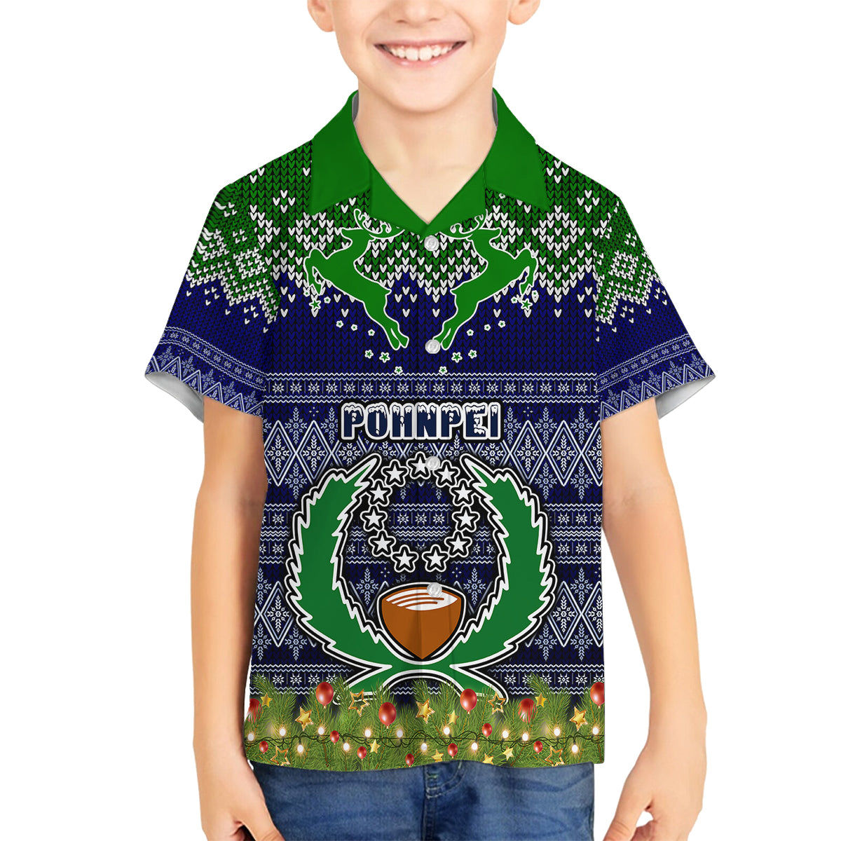 Personalised Pohnpei State Christmas Family Matching Off Shoulder Short Dress and Hawaiian Shirt Coat of Arms Beautiful Merry Xmas Snowflake LT03 Son's Shirt Blue - Polynesian Pride