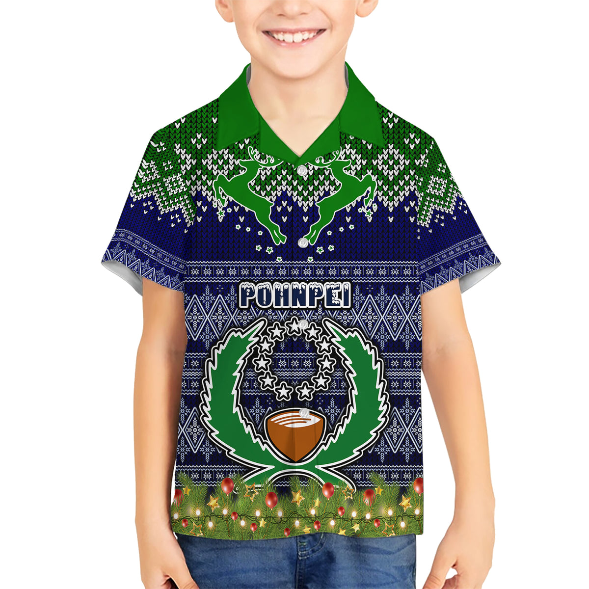 personalised-pohnpei-state-christmas-kid-hawaiian-shirt-coat-of-arms-beautiful-merry-xmas-snowflake