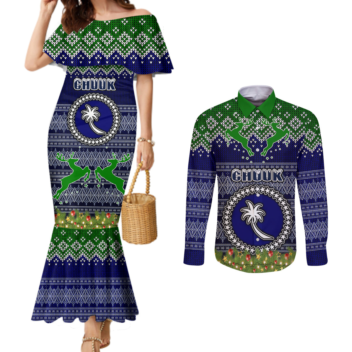 chuuk-state-christmas-couples-matching-mermaid-dress-and-long-sleeve-button-shirts-coat-of-arms-beautiful-merry-xmas-snowflake