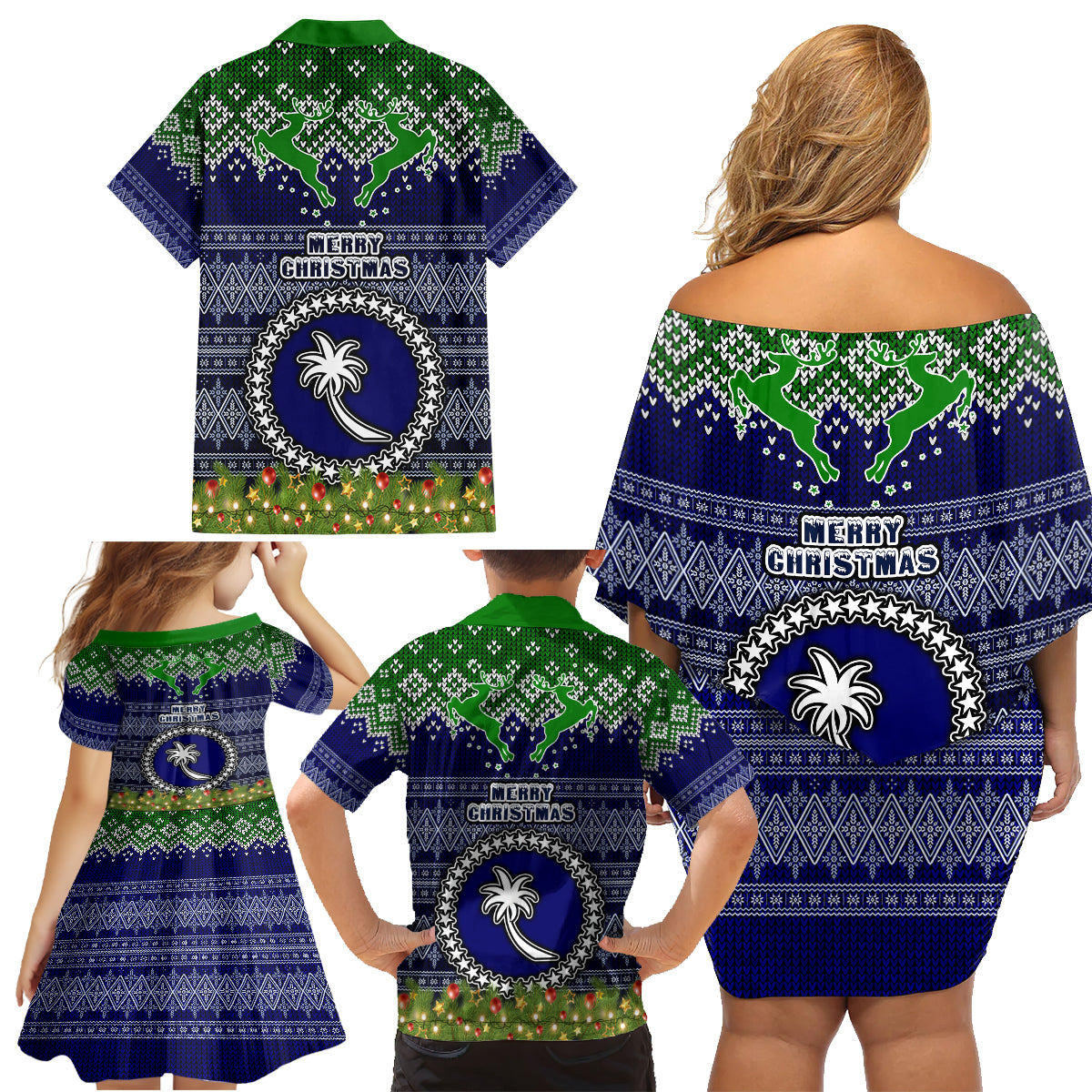chuuk-state-christmas-family-matching-off-shoulder-short-dress-and-hawaiian-shirt-coat-of-arms-beautiful-merry-xmas-snowflake