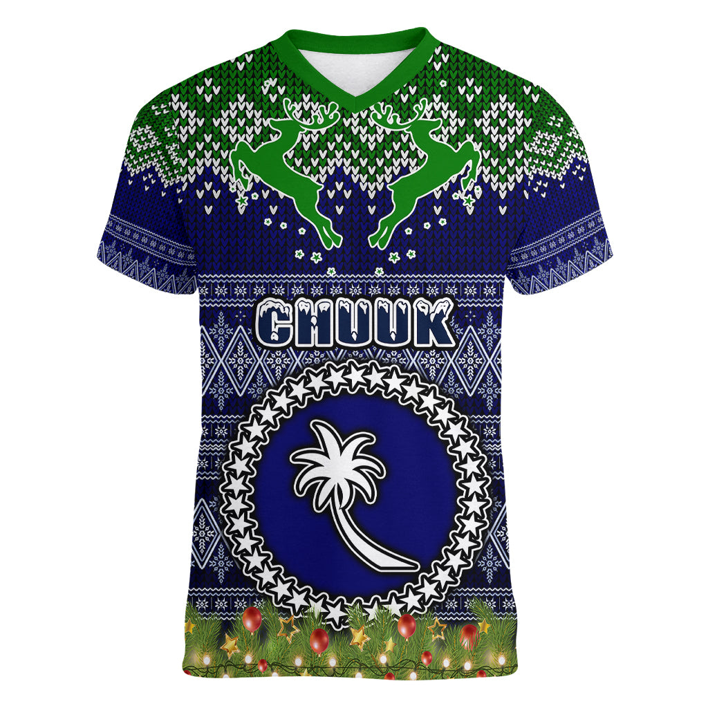 chuuk-state-christmas-women-v-neck-t-shirt-coat-of-arms-beautiful-merry-xmas-snowflake