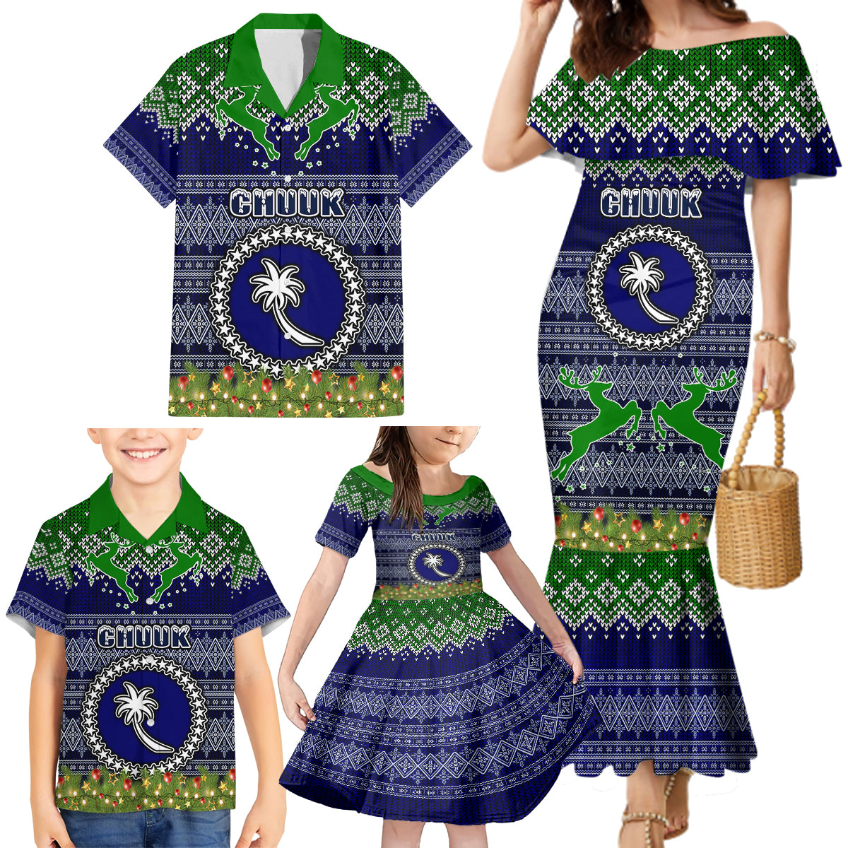Personalised Chuuk State Christmas Family Matching Mermaid Dress and Hawaiian Shirt Coat of Arms Beautiful Merry Xmas Snowflake LT03 - Polynesian Pride