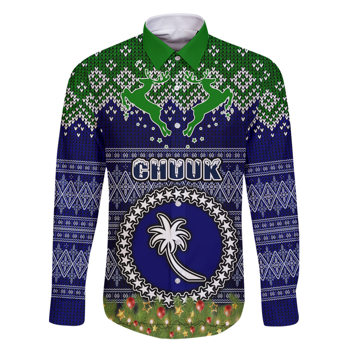 Personalised Chuuk State Christmas Family Matching Mermaid Dress and Hawaiian Shirt Coat of Arms Beautiful Merry Xmas Snowflake LT03 Dad's Shirt - Long Sleeve Blue - Polynesian Pride