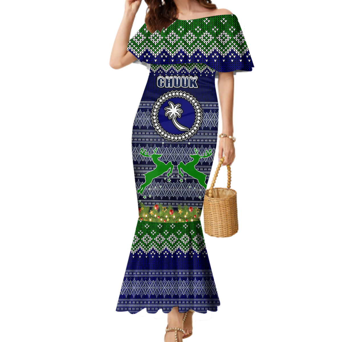 Personalised Chuuk State Christmas Family Matching Mermaid Dress and Hawaiian Shirt Coat of Arms Beautiful Merry Xmas Snowflake LT03 Mom's Dress Blue - Polynesian Pride