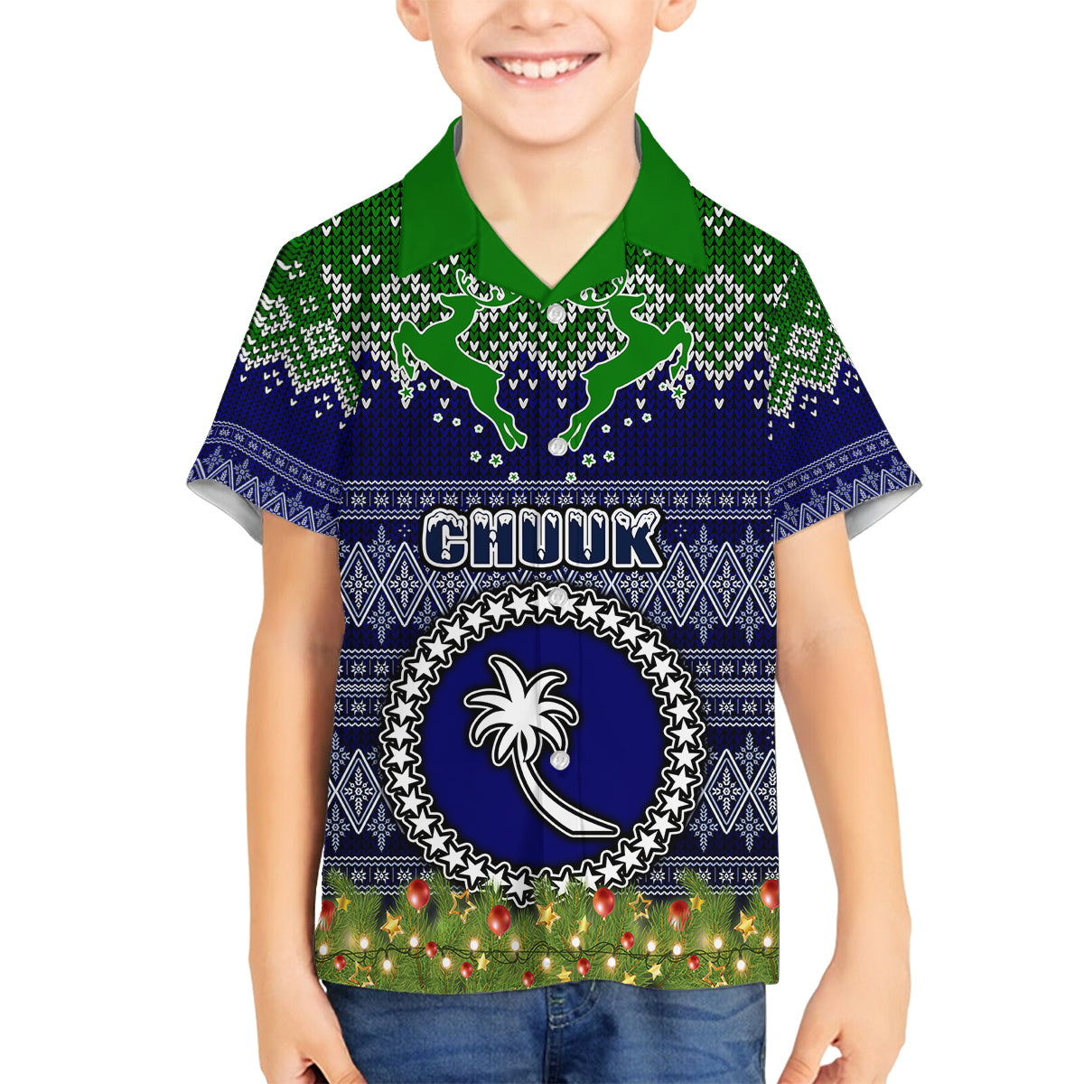Personalised Chuuk State Christmas Family Matching Off Shoulder Short Dress and Hawaiian Shirt Coat of Arms Beautiful Merry Xmas Snowflake LT03 Son's Shirt Blue - Polynesian Pride