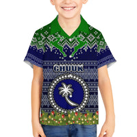 Personalised Chuuk State Christmas Family Matching Off Shoulder Short Dress and Hawaiian Shirt Coat of Arms Beautiful Merry Xmas Snowflake LT03 Son's Shirt Blue - Polynesian Pride