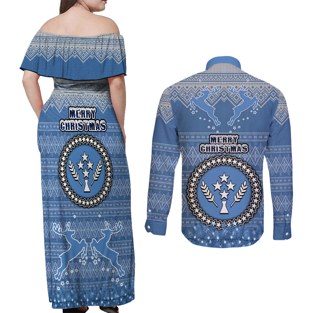 Kosrae Christmas Couples Matching Off Shoulder Maxi Dress and Long Sleeve Button Shirts Coat of Arms Beautiful Merry Xmas Snowflake LT03 - Polynesian Pride