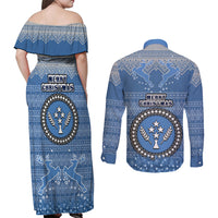 Kosrae Christmas Couples Matching Off Shoulder Maxi Dress and Long Sleeve Button Shirts Coat of Arms Beautiful Merry Xmas Snowflake LT03 - Polynesian Pride