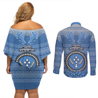 Kosrae Christmas Couples Matching Off Shoulder Short Dress and Long Sleeve Button Shirts Coat of Arms Beautiful Merry Xmas Snowflake LT03 - Polynesian Pride