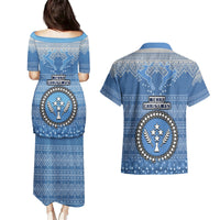 Kosrae Christmas Couples Matching Puletasi Dress and Hawaiian Shirt Coat of Arms Beautiful Merry Xmas Snowflake LT03 - Polynesian Pride