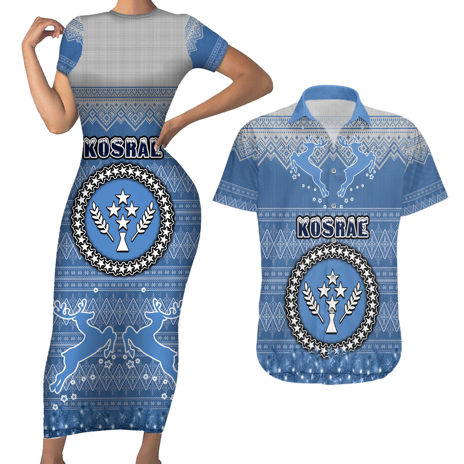 kosrae-christmas-couples-matching-short-sleeve-bodycon-dress-and-hawaiian-shirt-coat-of-arms-beautiful-merry-xmas-snowflake