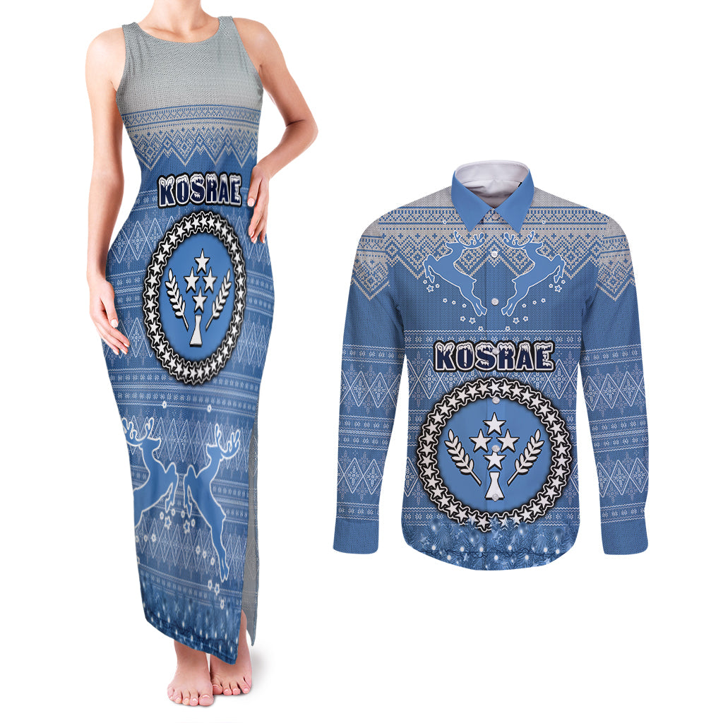 Kosrae Christmas Couples Matching Tank Maxi Dress and Long Sleeve Button Shirts Coat of Arms Beautiful Merry Xmas Snowflake LT03 Blue - Polynesian Pride