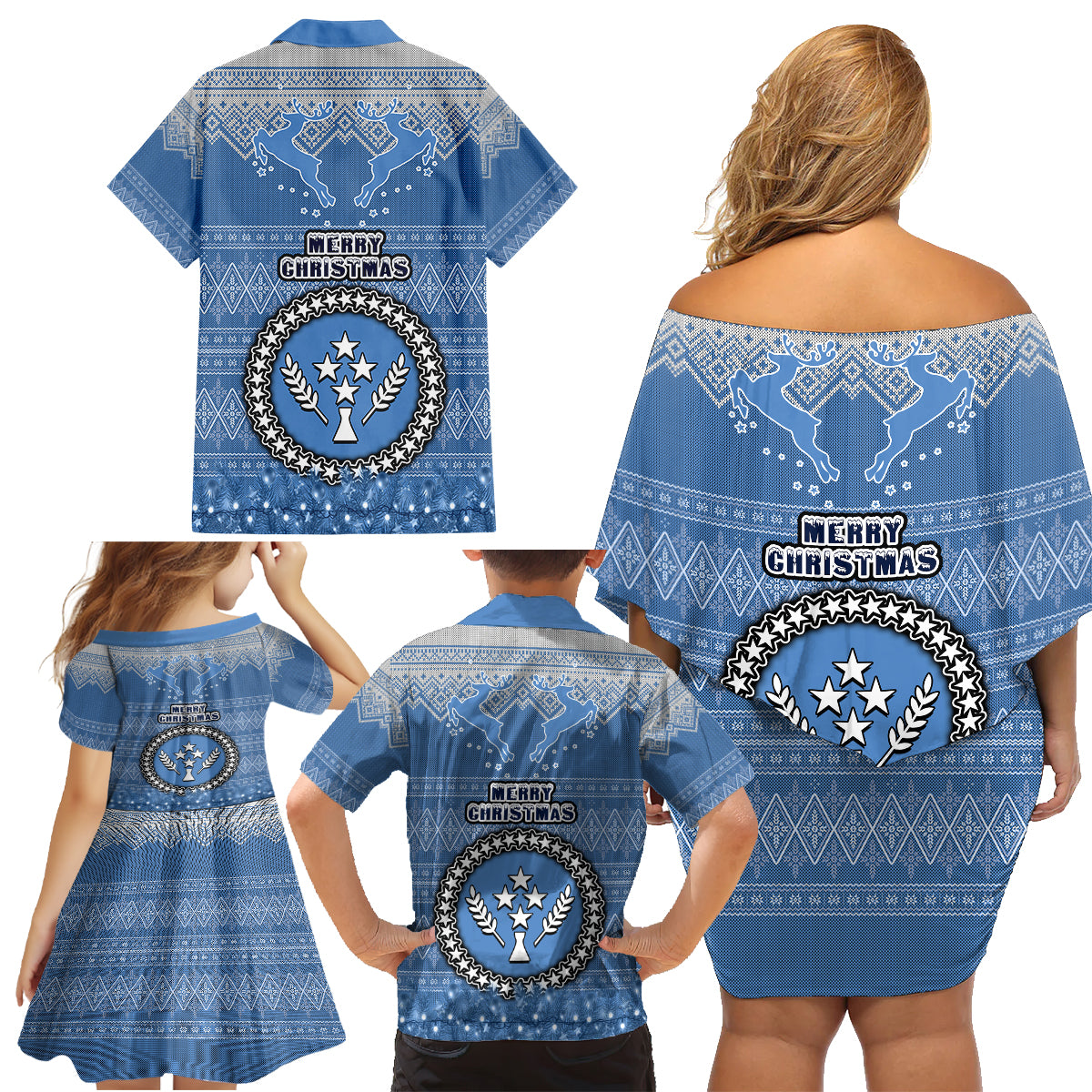 Kosrae Christmas Family Matching Off Shoulder Short Dress and Hawaiian Shirt Coat of Arms Beautiful Merry Xmas Snowflake LT03 - Polynesian Pride