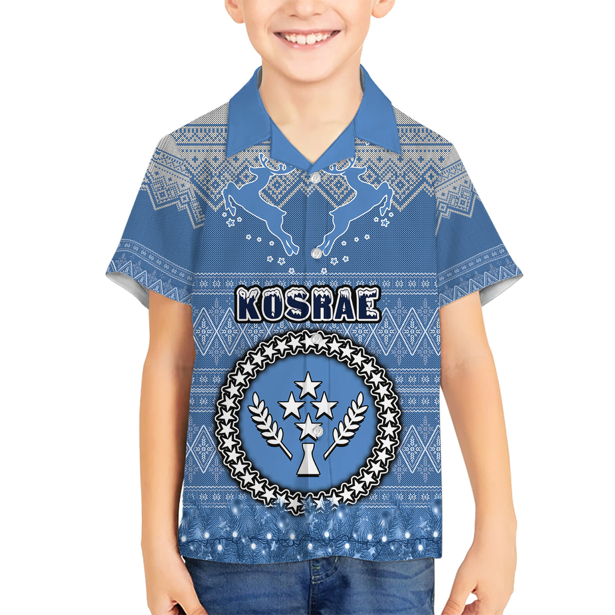 Kosrae Christmas Kid Hawaiian Shirt Coat of Arms Beautiful Merry Xmas Snowflake LT03 Kid Blue - Polynesian Pride