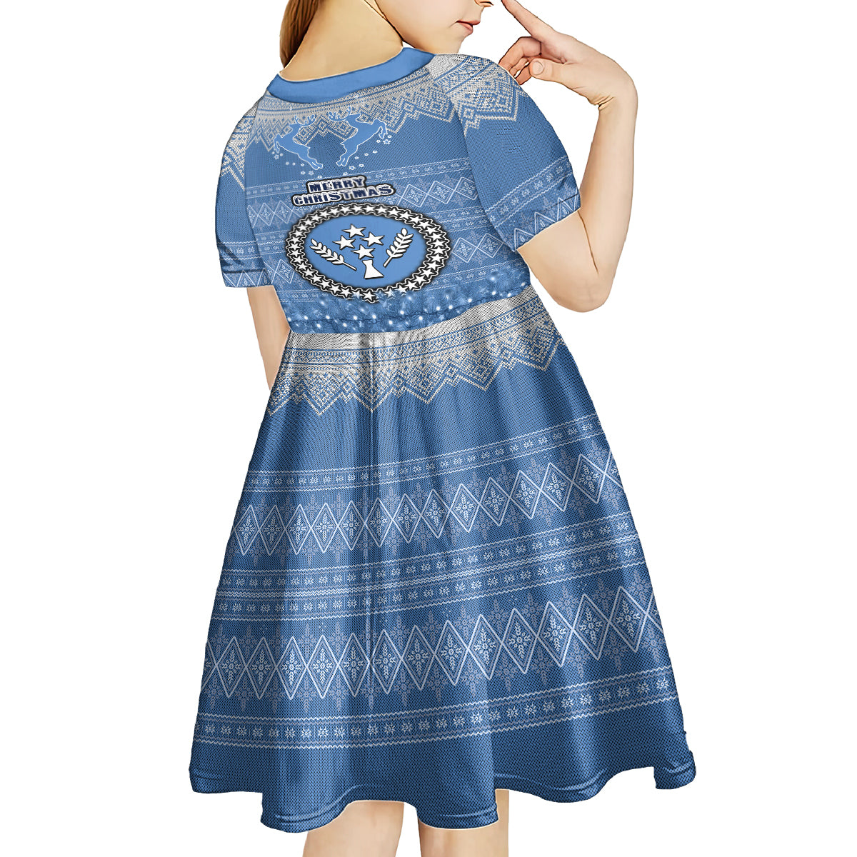 Kosrae Christmas Kid Short Sleeve Dress Coat of Arms Beautiful Merry Xmas Snowflake LT03 - Polynesian Pride