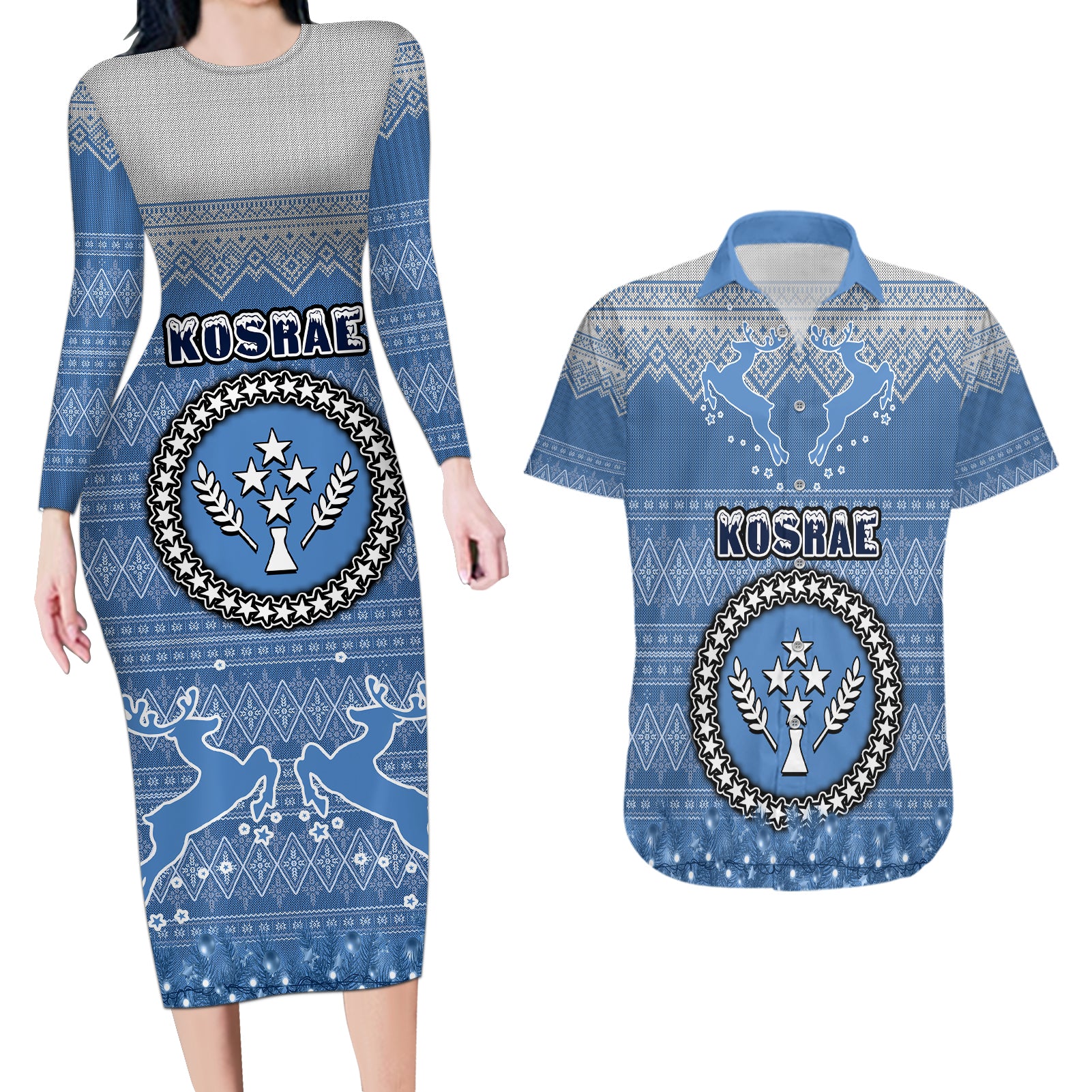 personalised-kosrae-christmas-couples-matching-long-sleeve-bodycon-dress-and-hawaiian-shirt-coat-of-arms-beautiful-merry-xmas-snowflake