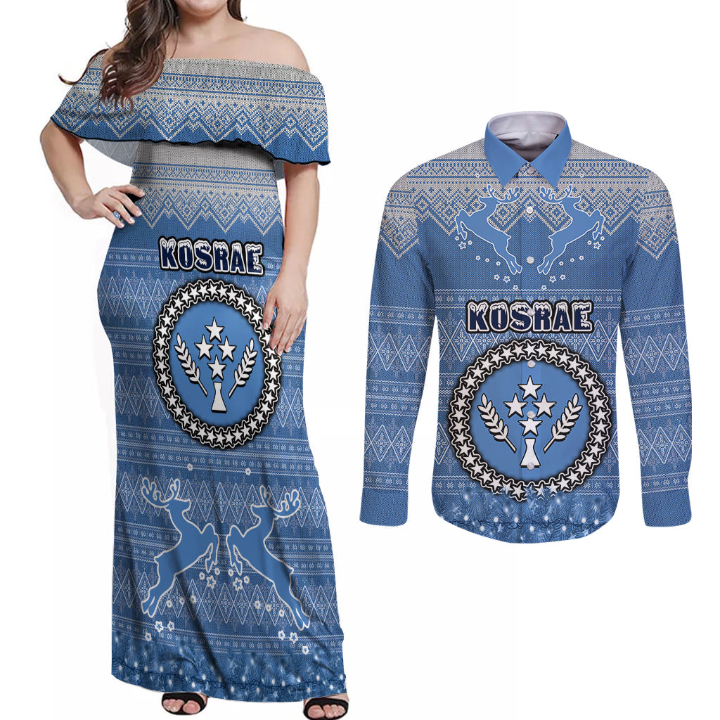 Personalised Kosrae Christmas Couples Matching Off Shoulder Maxi Dress and Long Sleeve Button Shirts Coat of Arms Beautiful Merry Xmas Snowflake LT03 Blue - Polynesian Pride
