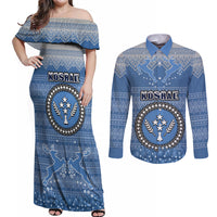 Personalised Kosrae Christmas Couples Matching Off Shoulder Maxi Dress and Long Sleeve Button Shirts Coat of Arms Beautiful Merry Xmas Snowflake LT03 Blue - Polynesian Pride
