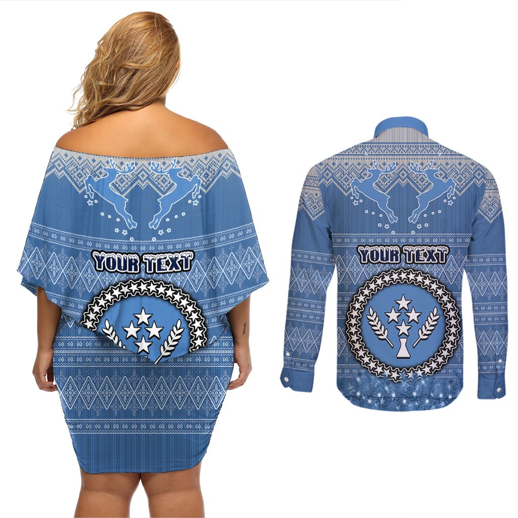 Personalised Kosrae Christmas Couples Matching Off Shoulder Short Dress and Long Sleeve Button Shirts Coat of Arms Beautiful Merry Xmas Snowflake LT03 - Polynesian Pride